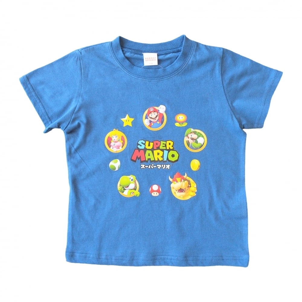 スーパーマリオ キャラ集合半袖Tシャツ(ブルー×130cm)