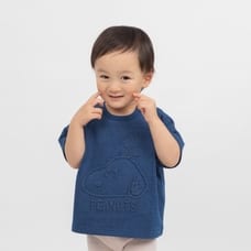 SNOOPY×WRANGLER スヌーピー×ラングラー 半袖Tシャツ デニムニット エンボス(ブルー×100cm)