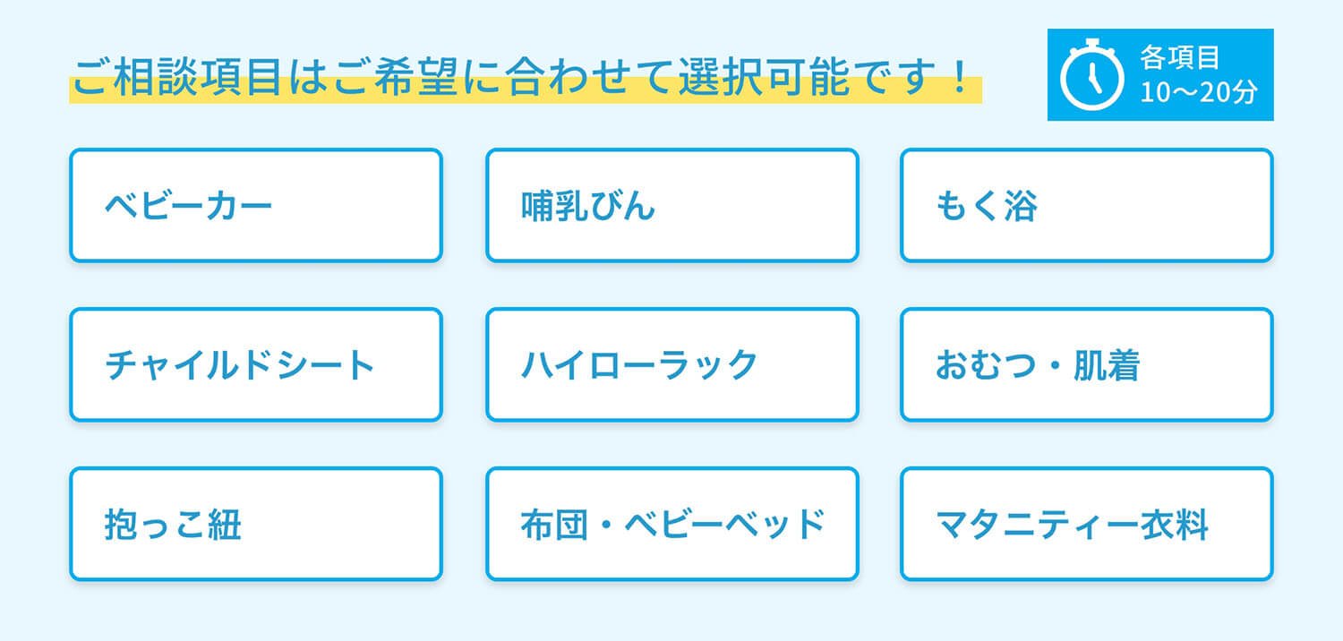 ご相談項目はご希望に合わせて選択可能です！(各項目10～20分)ベビーカー/チャイルドシート/抱っこ紐/哺乳びん/ハイローラック/布団・ベビーベッド/もく浴/おむつ・肌着/マタニティー衣料