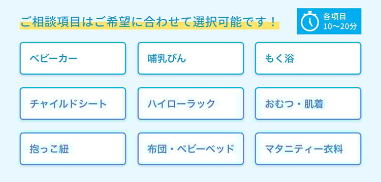 ご相談項目はご希望に合わせて選択可能です！(各項目10～20分)ベビーカー/チャイルドシート/抱っこ紐/哺乳びん/ハイローラック/布団・ベビーベッド/もく浴/おむつ・肌着/マタニティー衣料