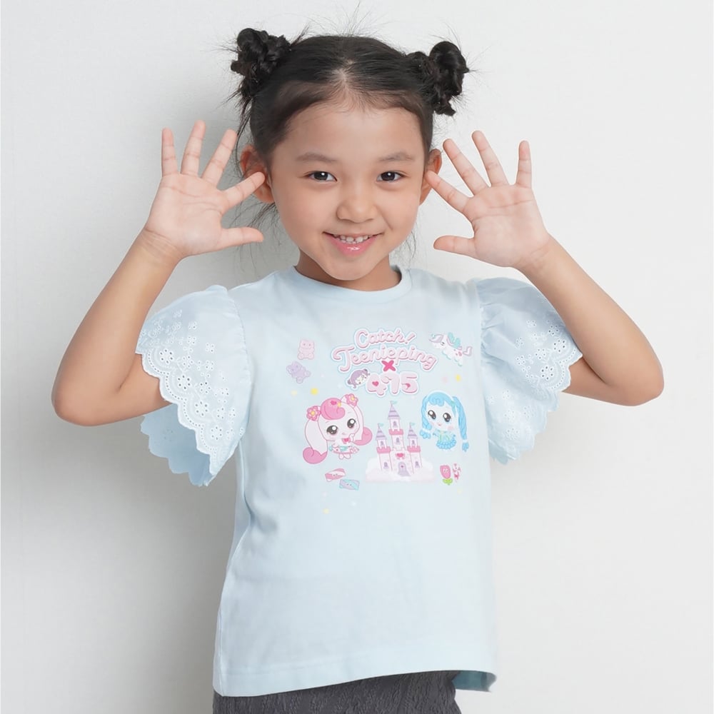 【ティニピン×しなこ】半袖Ｔシャツ 袖レース 天竺 ライトブルー×130cm