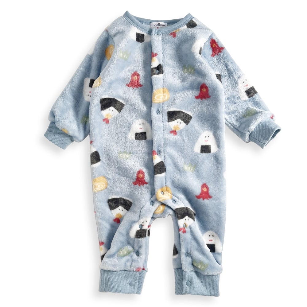 長袖カバーオール フリース オニギリ柄 ブルー×70cm 赤ちゃん 出産準備 出産祝い ベビー服 子供服