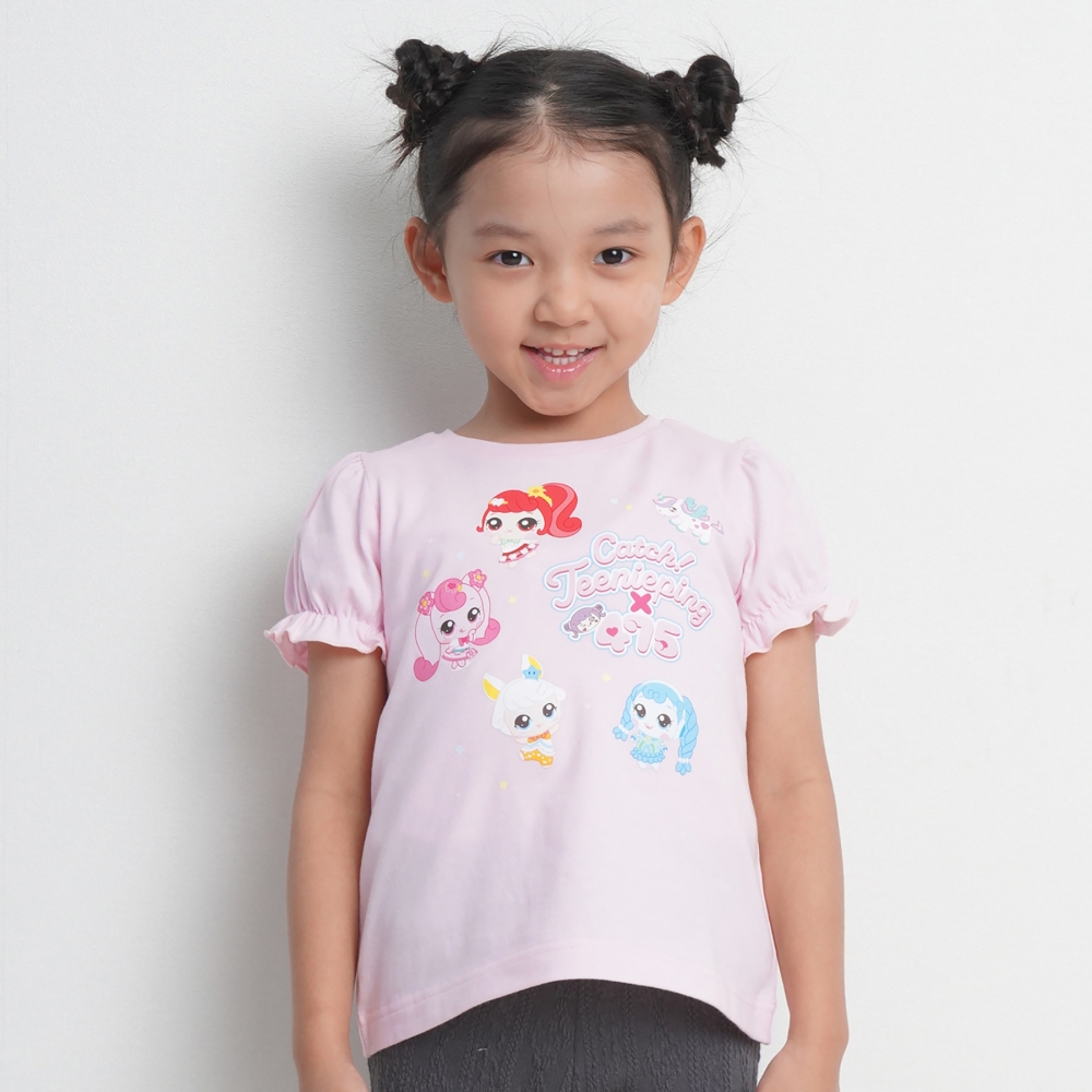 【ティニピン×しなこ】半袖Ｔシャツ パフスリーブ 天竺 ピンク×120cm