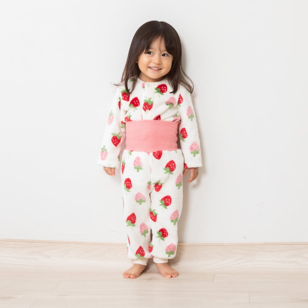 長袖腹巻パジャマ フリース イチゴ柄 レッド×80cm