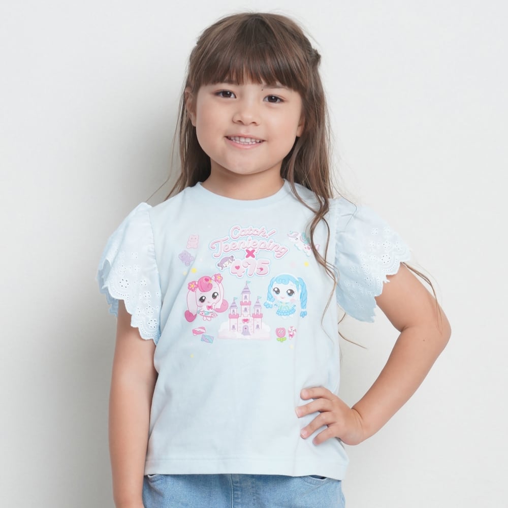 【ティニピン×しなこ】半袖Ｔシャツ 袖レース 天竺 ライトブルー×110cm