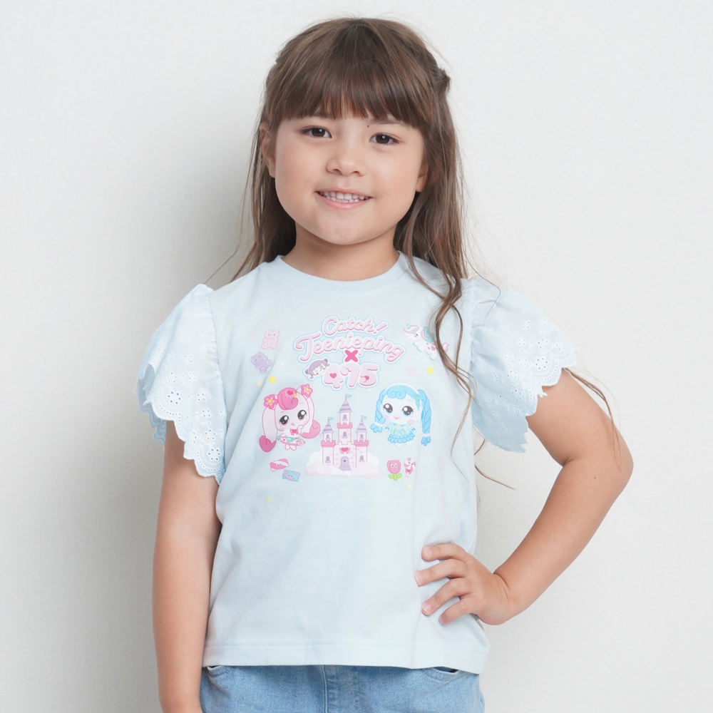 【ティニピン×しなこ】半袖Ｔシャツ 袖レース 天竺 ライトブルー×100cm