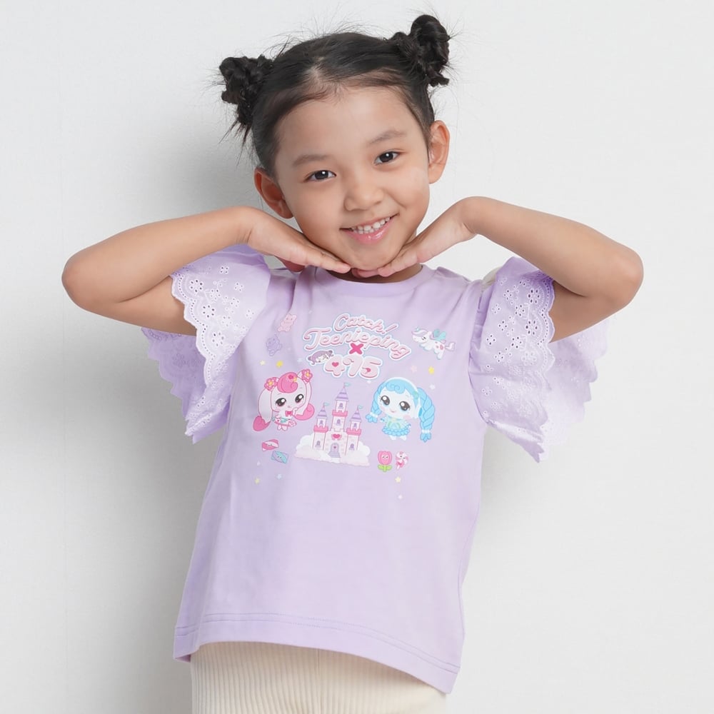 【ティニピン×しなこ】半袖Ｔシャツ 袖レース 天竺 パープル×120cm