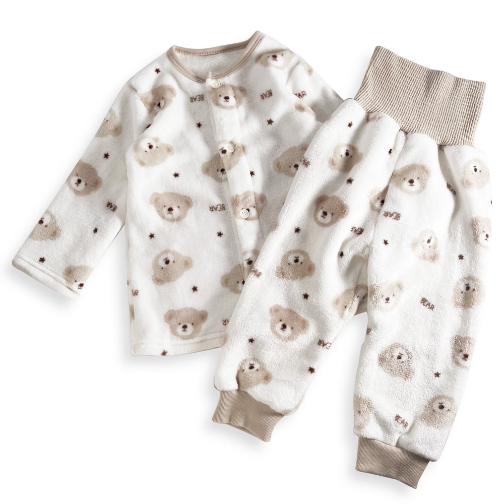 長袖腹巻付きパジャマ フリース クマ柄 ベージュ×80cm