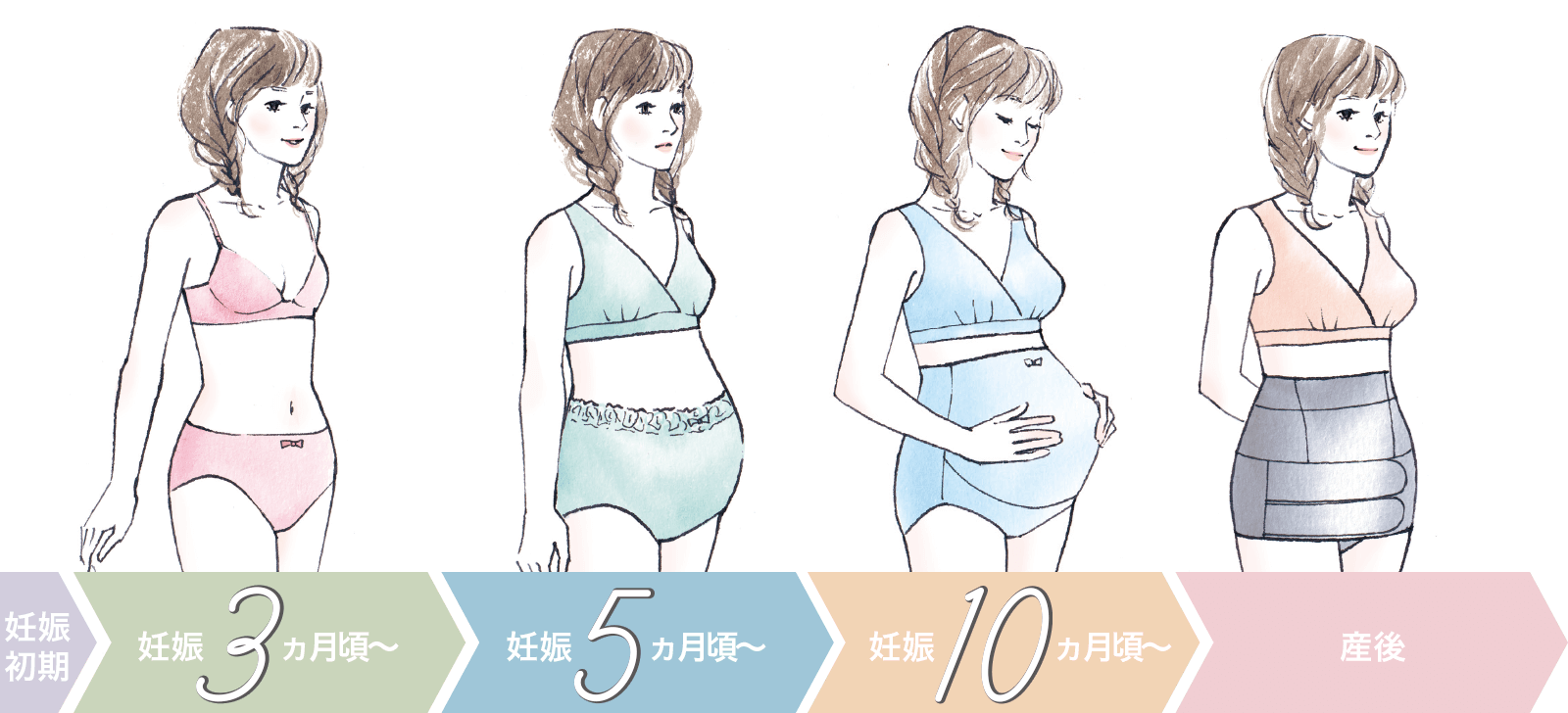 妊娠初期 , 妊娠3ヵ月頃〜 , 妊娠5ヵ月頃〜 , 妊娠10ヵ月頃〜 , 産後